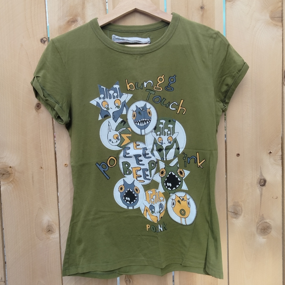 Zara Y2K Graphic Olive Green Cartoon Tee Short Sleeve Women's Size S/M